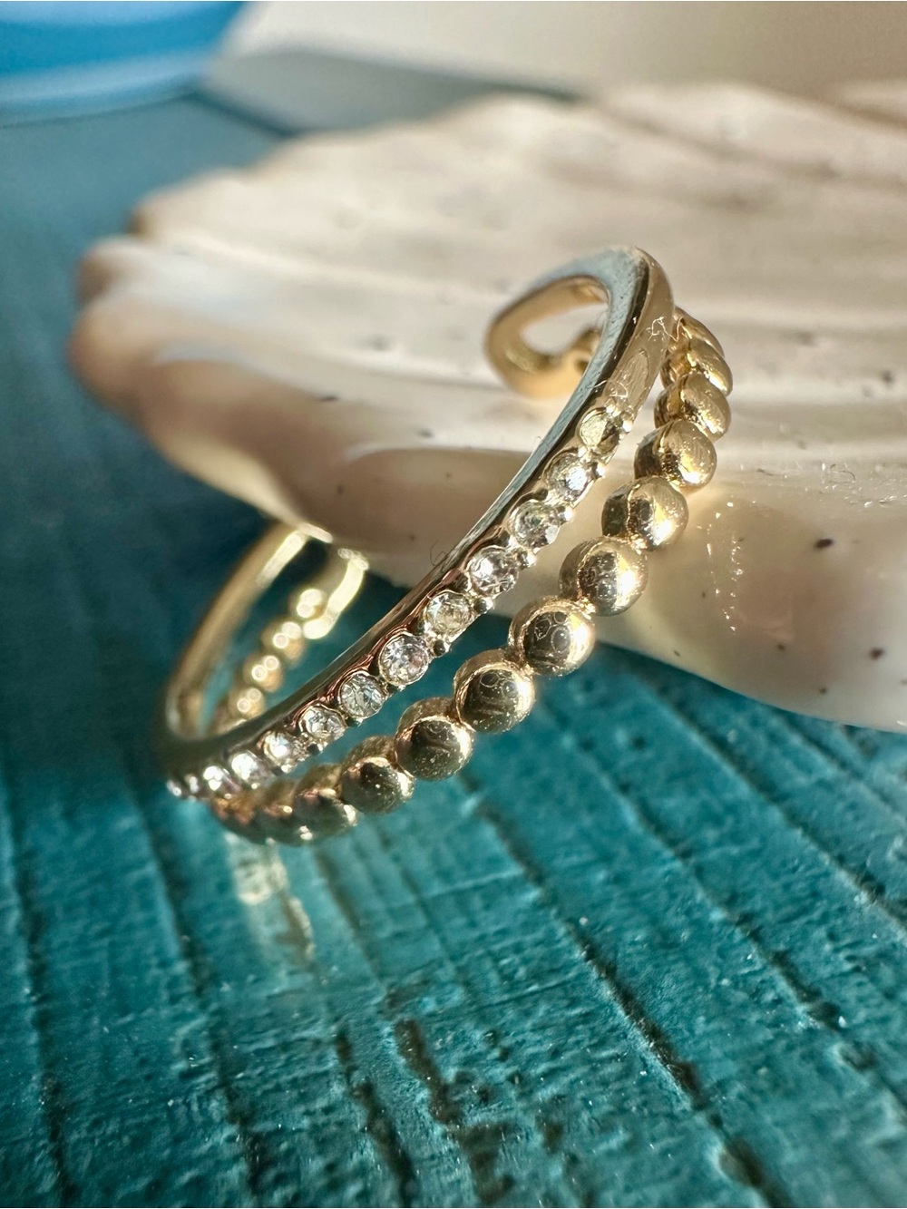 Gold Double-Band Crystal & Beaded Open Ring